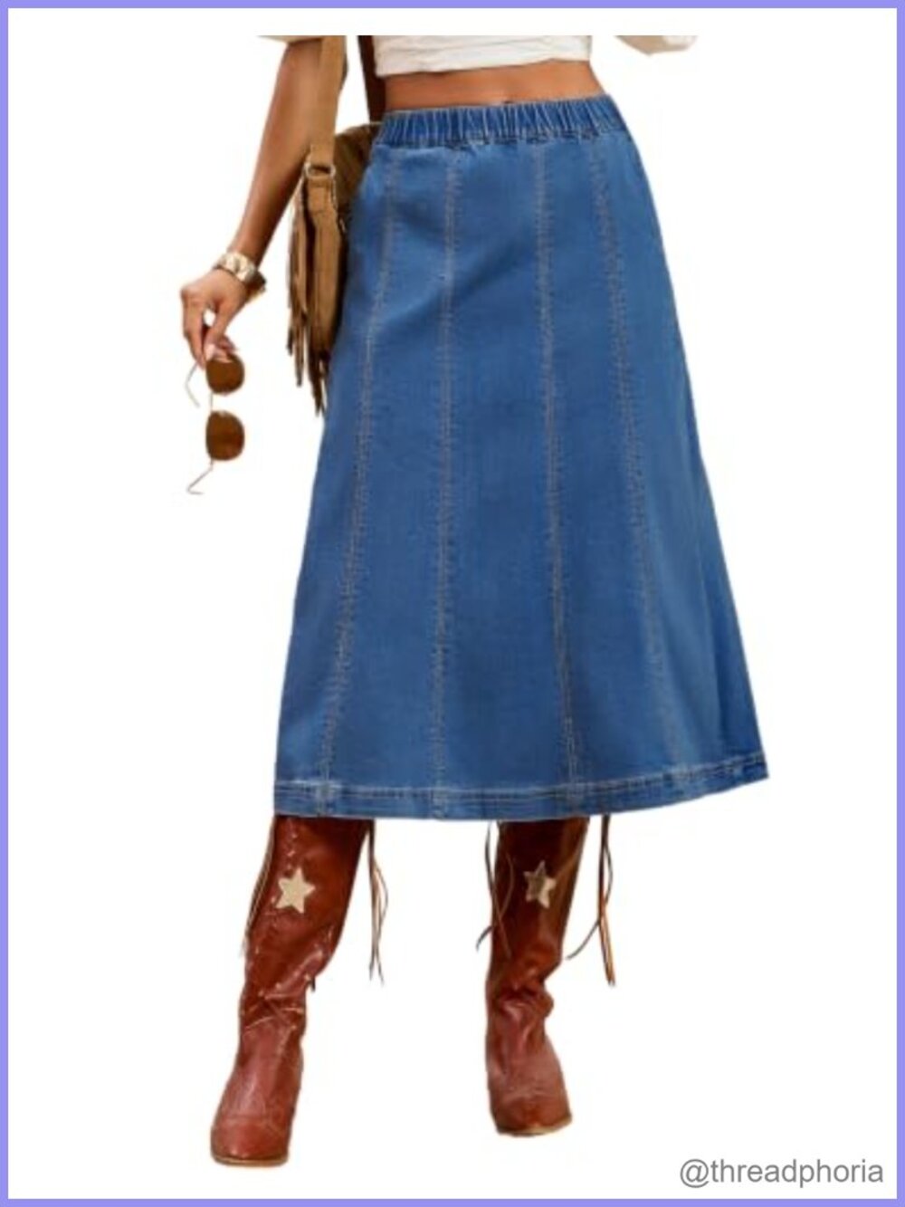 Womens Denim Midi Skirt Elastic Waist A-Line High Rise Stretch Jean Skirt with